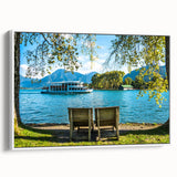 Vintage poster art of Bavarian scenery on extra large white framed canvas.