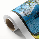 Art deco poster of Bavarian landscape in soft pastel colors on rolled canvas, ideal for nursery wall art.