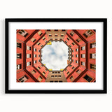 Abstract art print of Berlin scenery in vibrant colors on a large framed canvas, suitable for living room decor.