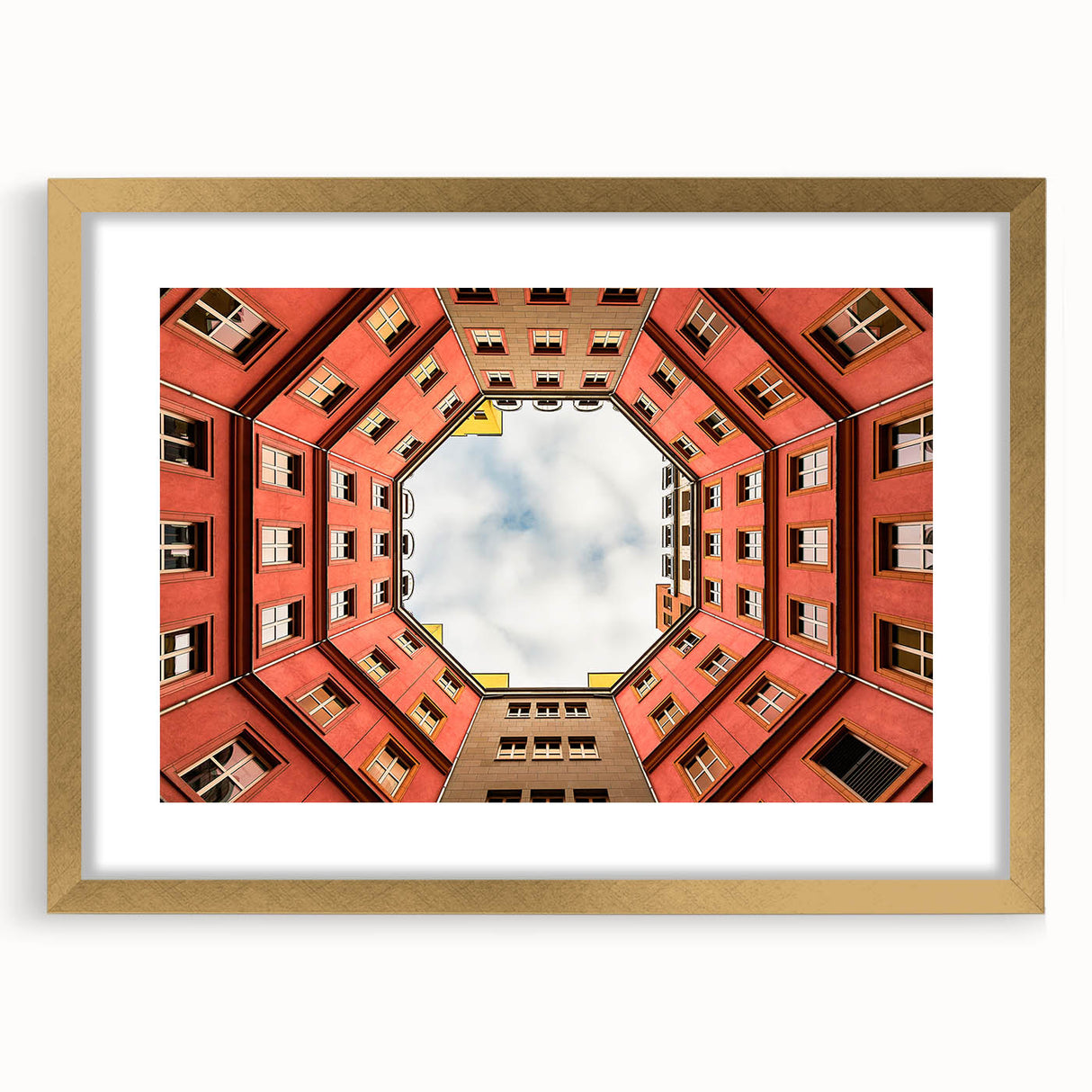 Abstract art print of Berlin skyline in muted gray and gold tones on a framed canvas, ideal for dining room decor.