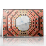 Mid-century modernist art depicting Berlin skyline in muted gray and blue tones on framed acrylic.