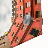 Large abstract wall art of Berlin skyline in muted gray and blue tones on acrylic glass, suitable for dining room ambiance.