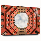 Abstract depiction of Berlin skyline in muted gray and blue tones on an acrylic print.