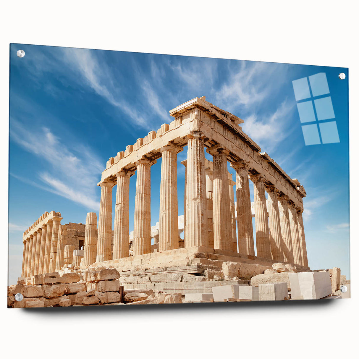 Acrylic glass print of Athens skyline with muted earth tones, ideal for dining room decor.