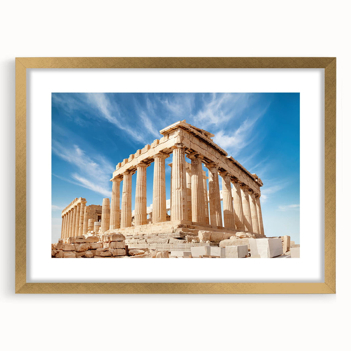 Abstract art print of Athens skyline in muted gold and blue hues on framed canvas, suitable for dining room decor.