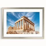 Extra large abstract art print of Athens scenery in textured silver frame, ideal for living room decor.