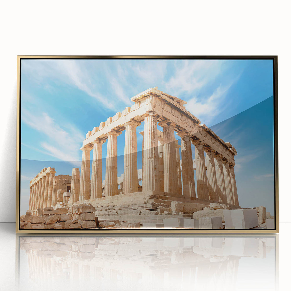 Acrylic print of Athens scenery with gold frame, featuring art deco style, ideal for modern art wall decor.