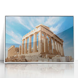 Acrylic print of Athens scenery in muted earth tones, framed in white, ideal for nursery wall art.
