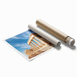 Rolled print of Athens scenery with muted earth tones, ideal for classy bathroom wall art.