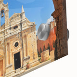 Large abstract wall art depicting the Crete, Greece scenery in mid-century modernist style, ideal for dining room art.