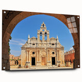 Acrylic glass print of a Crete, Greece landscape in muted earth tones, suitable for bedroom or dining room decor.