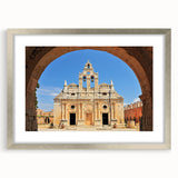 Extra large abstract art print of a European scenery in Crete, featuring textured brush strokes in earthy tones.