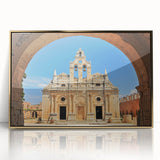 Art deco poster of Crete, Greece scenery in gold acrylic frame, featuring muted earth tones, ideal for modern art wall decor.