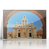 Mid-century modernist art of Crete landscape, vibrant blue and white tones on acrylic framed print.