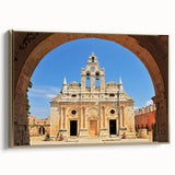 Framed canvas wall art depicting a vintage-style landscape of Crete, Greece in muted gold and black tones.