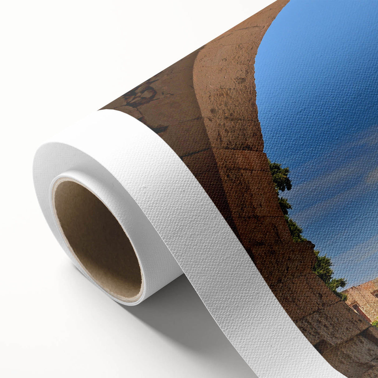 Art Deco poster of Crete, Greece scenery on rolled canvas, with muted blue and white tones, ideal for nursery wall art.