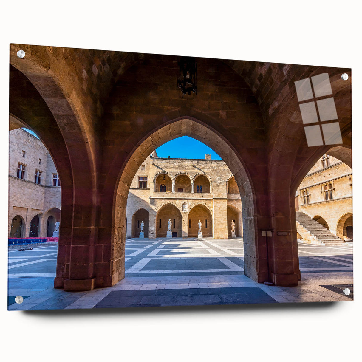 Acrylic print of a Rhodes, Greece landscape in muted blue and white tones, suitable for bedroom or dining room decor.