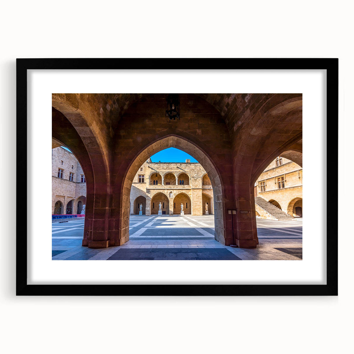 Extra large framed print of a colorful, abstract depiction of Rhodes, Greece in vibrant hues, perfect for living room decor.