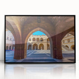 Large abstract wall art depicting a scenic view of Rhodes, Greece in muted earth tones on a framed acrylic.