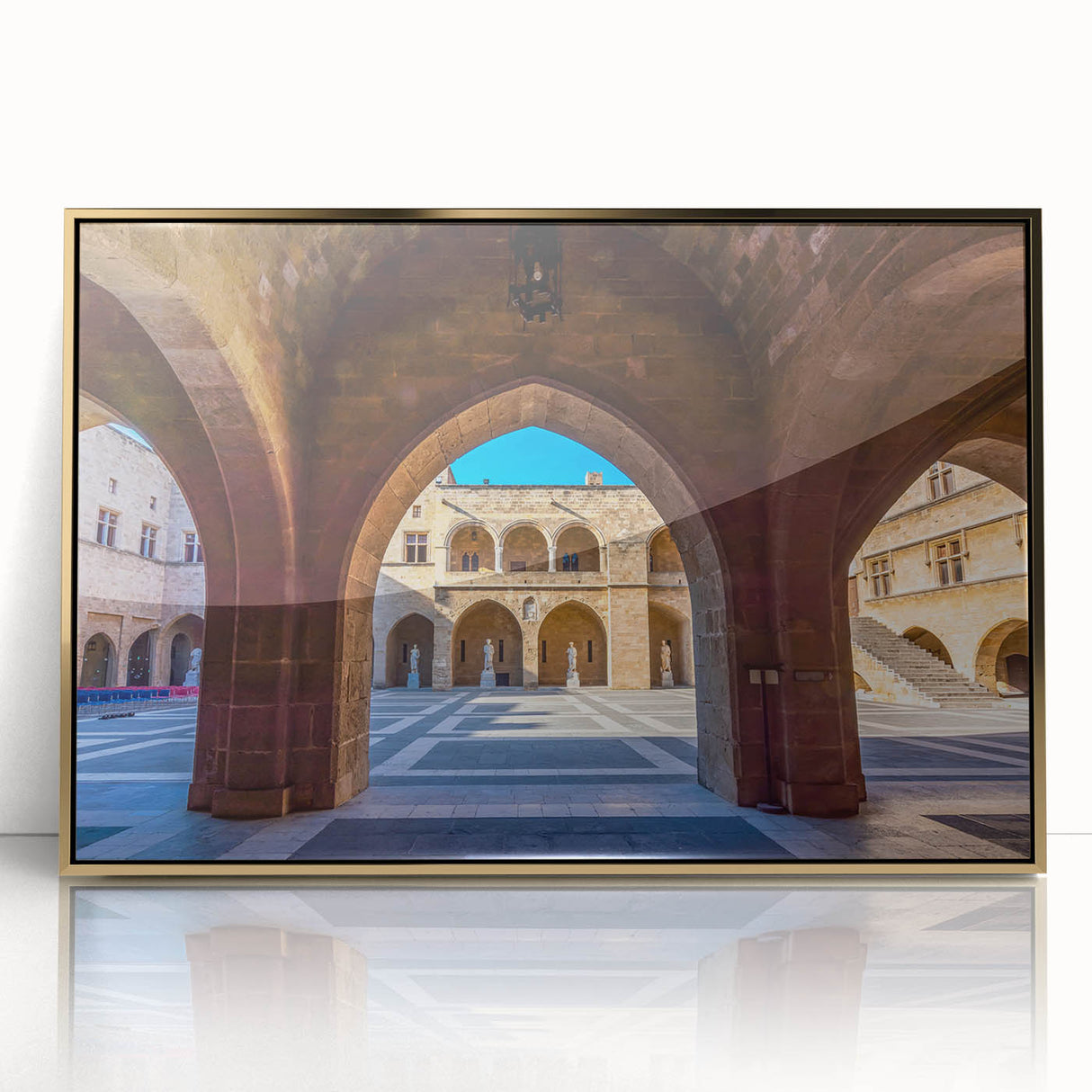 Art deco poster of Rhodes, Greece, in gold and blue tones on framed acrylic, ideal for modern art wall decor.