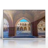 Mid-century modernist art depicting the Rhodes scenery in Greece, framed acrylic with a white border.