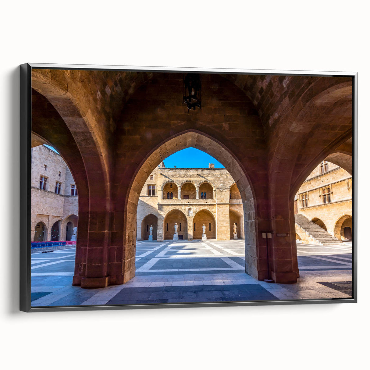 Black and white vintage poster art of Rhodes, Greece landscape on framed canvas, ideal for bedroom wall decor.