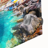 Acrylic print of Santorini scenery in muted blue and white tones, ideal for dining room art in a mid-century modernist style.