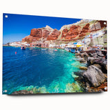 Acrylic print of Santorini landscape with vivid blue and white tones, ideal for bedroom or dining room decor.