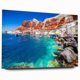 Acrylic print of Santorini scenery with vibrant blue and white tones, suitable for bedroom or dining room art.