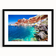 Extra large, textured abstract art print of Santorini with vibrant blue and white colors, framed in black.