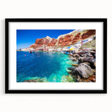 Extra large, textured abstract art print of Santorini with vibrant blue and white colors, framed in black.