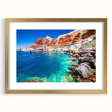Abstract art print of Santorini with blue and white tones on a framed gold mat, suitable for bedroom or dining room decor.