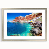 Extra large wall art featuring an abstract depiction of Santorini, Greece, in blue and white tones on a silver-framed canvas.