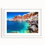 Textured art print of Santorini with abstract blue and white tones on a framed canvas, suitable for bedroom decor.
