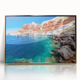 Acrylic print of Santorini landscape in gold frame, featuring white buildings and blue seas, ideal for modern art wall decor.