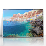 Mid-century modernist art depicting the Santorini landscape in acrylic, framed in white, ideal for modern art wall decor.