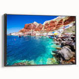 Black and white wall art of Santorini landscape on framed canvas, ideal for bedroom decor.