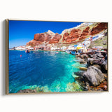 Framed canvas wall art depicting a vintage-style landscape of Santorini with gold accents, ideal for bedroom decor.