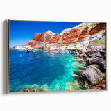 Framed canvas landscape art painting depicting the colorful cliffs and buildings of Santorini, ideal for living room decor.