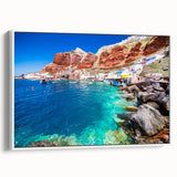 Vintage poster art of Santorini with vibrant blue and white tones on a framed canvas, ideal for living room decor.