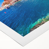 Art deco poster of Santorini landscape in pastel shades on rolled canvas, suitable for dining room decor.