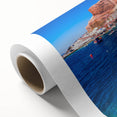 Art Deco poster of Santorini landscape in pastel shades on rolled canvas, ideal for nursery wall art.