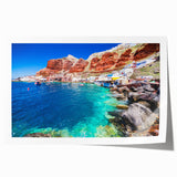 Rolled print of Santorini landscape with white buildings and blue domes against a clear sky, ideal for art wall dining room.
