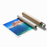 Rolled print of a scenic Santorini landscape with blue and white tones, ideal for large living room or bathroom wall art.