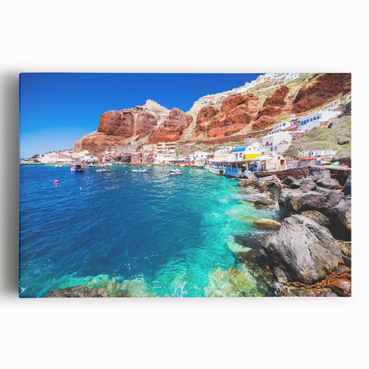 Black and white stretched canvas of Santorini landscape, ideal for kitchen wall art or bedroom ambiance.