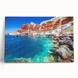 Black and white image of Santorini landscape on stretched canvas, ideal for kitchen wall art.