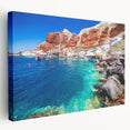 View of Santorini with white buildings and blue domes on canvas, ideal for kitchen wall art.
