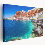 View of Santorini with white buildings and blue domes on canvas, ideal for kitchen wall art.