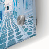 Large abstract wall art depicting a European Greek landscape in muted earth tones on acrylic glass.