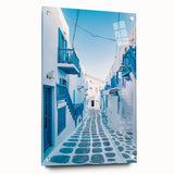Acrylic glass print of a scenic Greek landscape in vibrant blue and white tones, ideal for dining room decor.